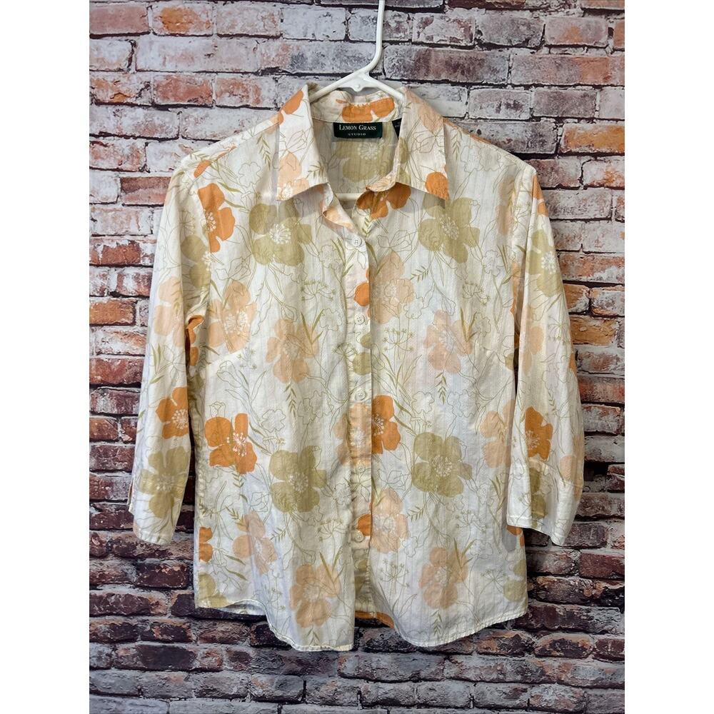 lemon grass peach floral button top long sleeve blouse sheer women's size medium